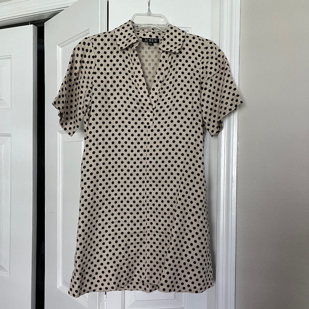 J Crew Tan W/Black Polka Dot Linen Dress